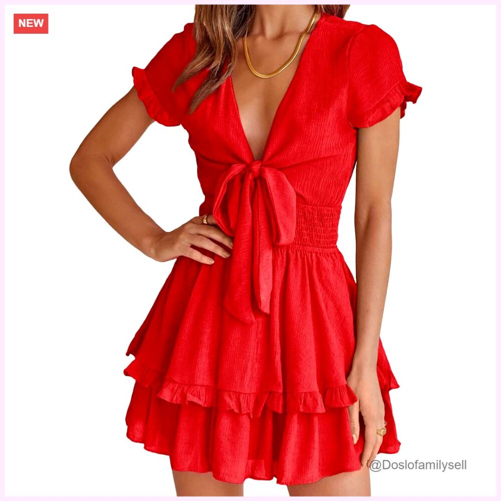 Summer V-Neck Tiered Mini Dress With Bow Casual Beach Sundress